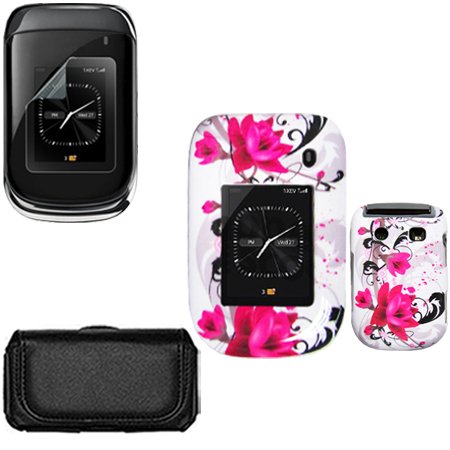 iNcido Brand BlackBerry 9670 Combo Black Horizontal Leather Pouch + Red Flower on White Protective Case Faceplate Cover + LCD Screen Protector for BlackBerry 9670