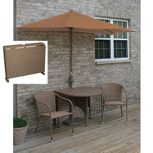 Terrace Mates Daniella All-Weather Wicker in Coffee 7.5 Ft. Teak Sunbrella Set (Teak / Rich Coffee) (See Description)