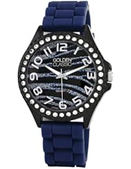 Golden Classic Womens 2220_zebrablue "Glam Jelly" Oversized Rhinestone Zebra Silicone Watch