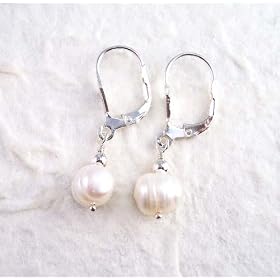 White Pearl and Sterling Silver Drop Leverback Earrings
