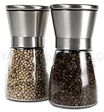 YAMO Brushed Stainless Steel Salt & Pepper Mill Set with Glass Bottle - Salt and Pepper Grinder Set with Adjustable Ceramic Grinding Mechanism