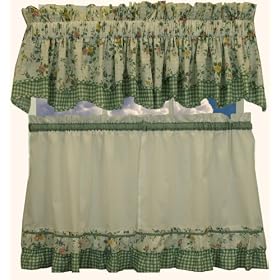 Dreams Green Floral with Gingham Check Kitchen Tier Curtain