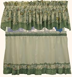 Dreams Green Floral with Gingham Check Kitchen Tier Curtain, 54"x14" Double Scoop Valance