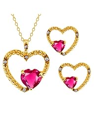 2.17 Ct Heart Shape Pink Mystic Topaz 14k Yellow Gold Pendant Earrings Set
