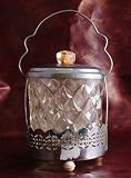 Pressed glass biscuit barrel in a metal holder