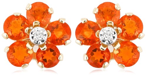 14k Yellow Gold Fire Opal and Diamond Flower Earrings
