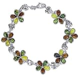 Sterling Silver Multicolor Amber Flower 8 Bracelet With Lobster Clasp
