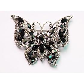 Marvelous Jet Black Crystal Rhinestone Butterfly Brooch