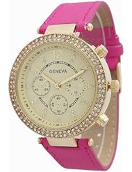 Womens Geneva Dual Stone Leather Watch - Hot Pink
