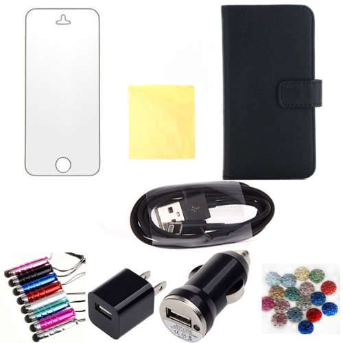 Black Wallet Cases Protector Skin Covers For Iphone 5 PU Leather cover phone Case With Credit Card Slots & Holder +car charger+AC wall charger adaptor+usb data cable+screen protector+cleaning cloth+button sticker+touch screen Pen 8in1 (TRAIT)