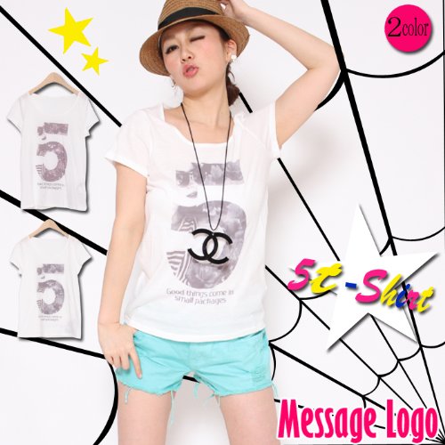 【白×茶】ロゴ５Ｔシャツ 【数字/花柄】【カットソー/トップス】