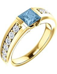 18K Yellow Gold 5.00x5.00mm Princess Cut Sky Blue Topaz and Diamond Ring -- LIFETIME WARRANTY
