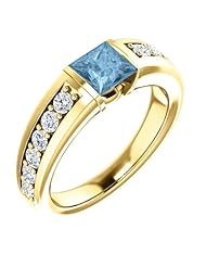 10K Yellow Gold 5.00x5.00mm Princess Cut Sky Blue Topaz and Diamond Ring -- LIFETIME WARRANTY