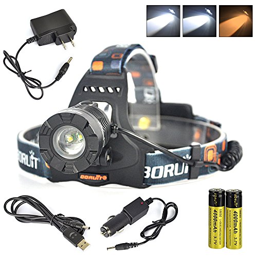 Boruit Super Bright Adjustable LED Headlamp Rechargeable 3 Modes Include Yellow Light for Camping, Running,Hiking, Reading, Cycling,with 2*18650 Rechargeable Batteries+AC Charger+Car Charger+USB Cable
