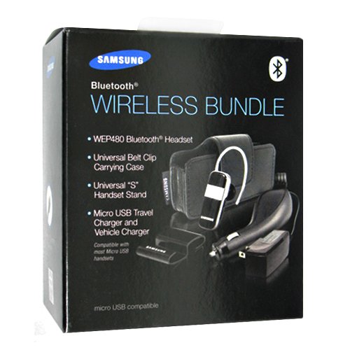 Samsung WEP480 Bluetooth Headset Wireless Bundle with Travel Home Charger, Car Charger, Universal Holster and Universal S Handset Stand