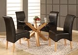 36 Round Solid Oak Table with Glass Top and 4 Brown Chairs