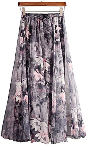 UCSCAN Women Elastic Waist Floral Chiffon Pleated Retro Long Maxi Skirt (26)