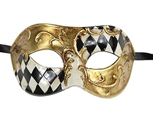 Luxury Mask Men's Vintage Design Masquerade Prom Mardi Gras Venetain, Black/Gold Half Checkered, One Size
