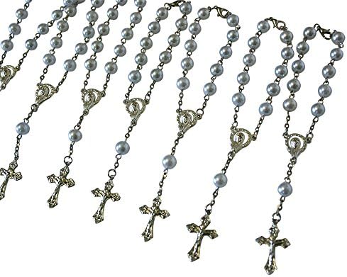 First Communion Christening Baptism Confirmation Pearl Rosary Bracelet Party Favors Set of 10 Bracelets - White Pearl