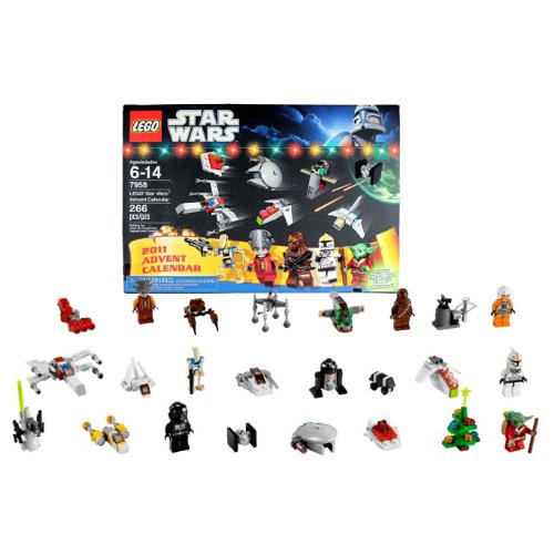 Lego Year 2011 Star Wars Series Set #7958 - Lego Star Wars Advent Calender with 9 Minifigures (Pilot Battle Droid, Clone Pilot, Santa Suit Yoda, Chewbacca, Nute Gunray, Rebel Pilot, R2-Q5, Mouse Droid and TIE Pilot), 11 Mini Vehicles and 4 Mini Objects (Total Piece: 266)