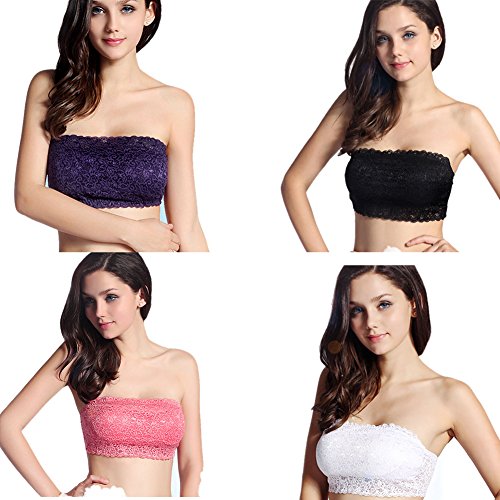 FUNOC Women's Full Lace Stretch Padded Boob Tube Strapless Bandeau Bra