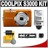 cheap Nikon Coolpix S3000 12.0 Megapixel Digital Camera with 4x Optical Zoom (Orange) with + Flash + Cleaning Kit