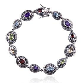 Sterling Silver Genuine Multi-Gemstone and Oxidized Bracelet, 7.25 by