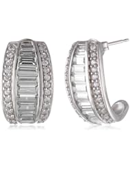 Sterling Silver Simulated Diamond Baguette J-Hoop Earrings