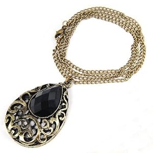 niceeshop(TM) Korean Fashion Jewelry Antique Hollow Water Drop Pendant Big Stone Sweater Chain Long Necklace-Black