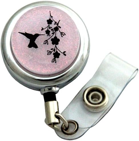 Hummingbird on Pink Dichroic Fused Glass, Metal Retractable Badge Reel with Belt Clip