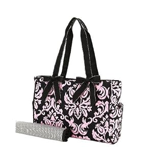 Quilted Damask Black and Pink 3pc. Diaper Tote