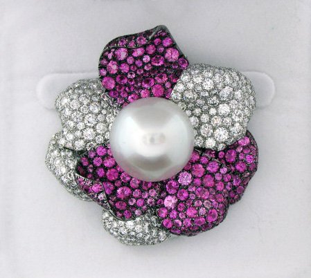 18k White Gold, Pearl, Diamond and Sapphire De Grisogono Brooch