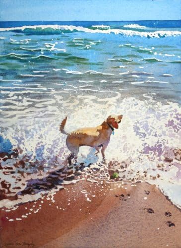 Style ARThouse First Taste of The Sea, Archival Print of Watercolor Seascape, Golden Lab Dog Playing at The Beach, 15 X 19 Inches