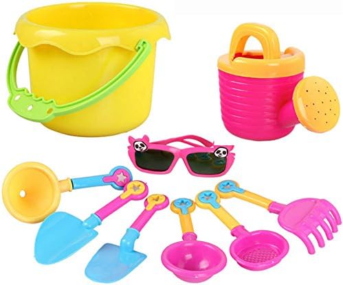 Kid's Beach Toy with Watering Bucket, Hand Tools, Sand Molds, Rake Shovel, Watering Can, Sun Glasses - 9 Pack Sand Toy Set