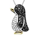 Sterling Silver and 14k Yellow Gold, Black and White Diamond Penguin Pendant (0.25 cttw, Black Diamonds, I-J Color, I2-I3 Clarity), 18"