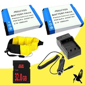 Two Halcyon 1500 mAH Lithium Ion Replacement Battery + External Rapid Charger + 32GB SDHC Class 10 Memory Card + Waterproof Floating Strap for GoPro HD Hero, HD Hero2, HD HERO Naked