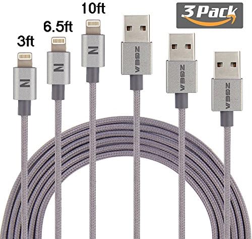 ZGEM 3Pack 3FT 6.5FT 10FT Nylon Braided Data Sync Charging Cable Cord For iPhone 7, 7 plus, 6, 5, iPad Air Mini Pro on iOS10 (Grey)