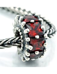 .925 Sterling Silver " Princess Cut Larger Size Red Cubic Zirconia Rondelle " Bead Compatible with Pandora Chamilia Kay Troll Bracelet