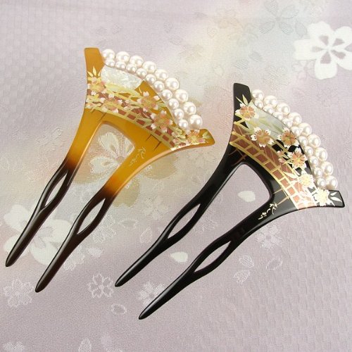 バチ型パール簪(かんざし) 月に桜 黒 べっ甲(べっこう)風 成人式 結婚式 黒留袖