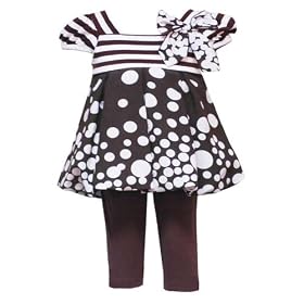 Rare Editions Baby/Infant Girls 12M-24M 2-PC. BROWN IVORY DOTS & STRIPES BUBBLE Dress Leggings Outfit Set