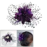 Dotted Mesh Purple Feather Decor Fabric Corsage Cocktail Hair Clip