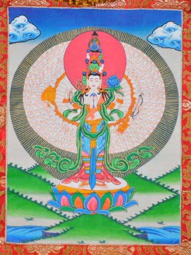 Tibetan Hand Painted Masterpiece Level Avalokiteshvara Quanyin Guanyi Thangka Painting with Brocade Frame
