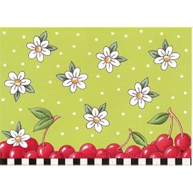 Mary Engelbreit Glittered Cherries and Daisies on Green with Polka Dots and Checkerboard Border Note Card Set (8 Cards & 8 Yellow Envelopes)