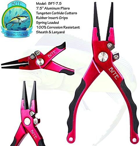 CYBER MONDAY - BITE Fishing Tackle Professional Aluminum Saltwater Fishing Pliers - Spring Loaded- Rubber Insert Grips-Tungsten Carbide Cutters - Award Winning Manufacturer- w/ Sheath &amp; Lanyard