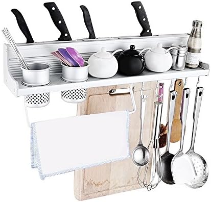 Kitchen Deco Rack | Multipurpose 23 Inch Wall Mounted Kitchen Organizer Pot Ladle Hanger Hooks Knife Holders Spice Rack Shelf Caddy | Mounting Hardware Included | Heavy Duty Aluminum and ABS | Silver