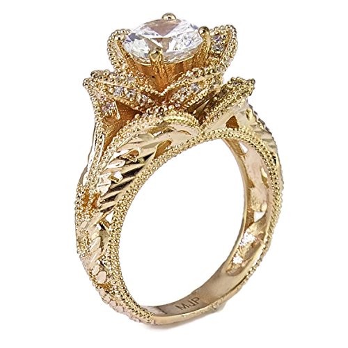 Hand Carved Vintage Inspired Blooming Rose Flower CZ Engagement Ring Rose Gold Plated Size 5
