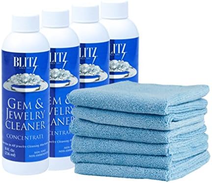 Blitz Concentrated Jewelry Cleaning Solution, with Highly Absorbent Premium Microfiber Cloths, Jewelry Cleaning Kit (4 BLITZ 6 CLOTH)