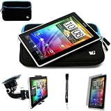 Blue Trim - Black Slim Protective Soft Neoprene Cover Carrying Case Sleeve with Extra Pocket // Fits Anywhere// for HTC Flyer 3G WiFi HotSpot GPS 5MP 16GB Android OS AD2P 7 Inch Tablet Device + Includes a eBigValue (TM) Determination Hand Strap + Includes a Anti Glare Screen Protector + Includes a 360° Rotatable Windshield Mount Kit