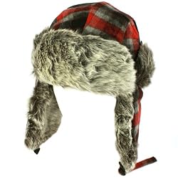 Men's Winter Faux Fur Plaid Check Thick Trooper Trapper Ski Aviator Hat Red