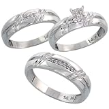 14k White Gold 3-Piece Trio His (6mm) & Hers (5.5mm; 5.5mm) Wedding Band Set, w/ 0.11 Carat Brilliant Cut Diamonds